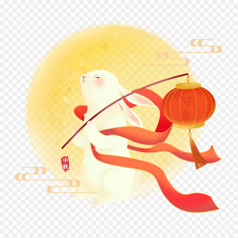红色中国风中秋兔子提灯笼装饰插画元素