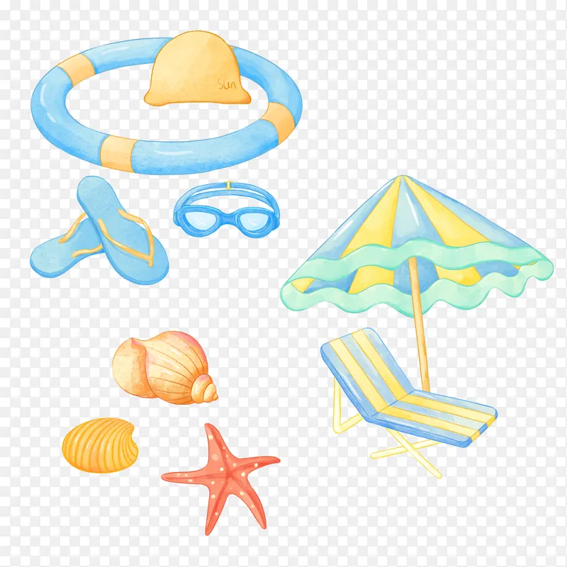 水彩夏天户外沙滩海滩立夏旅游度假游泳物品