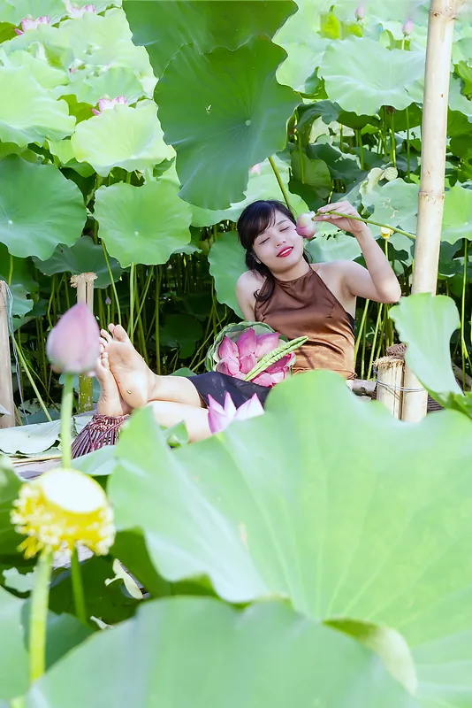 夏天荷塘美女风景