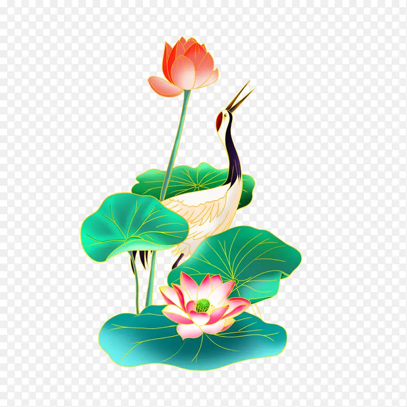 手绘夏至荷叶仙鹤场景插画