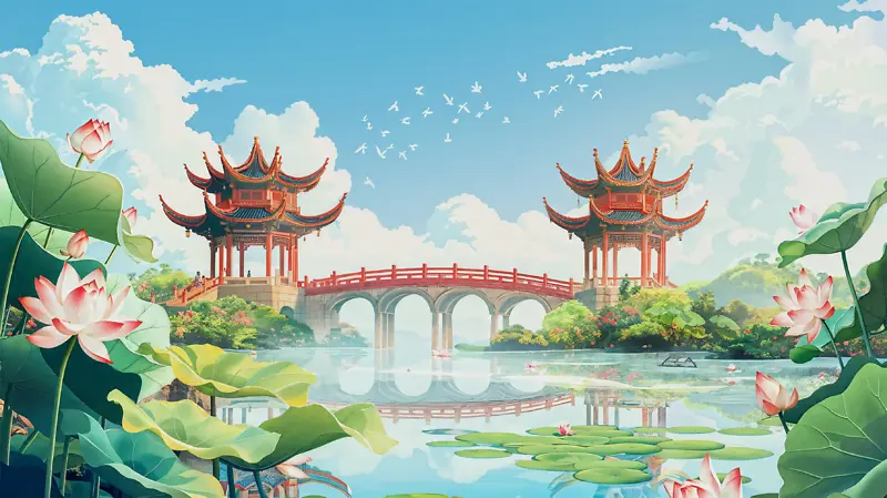 中国风插画荷花建筑桥蓝天白云