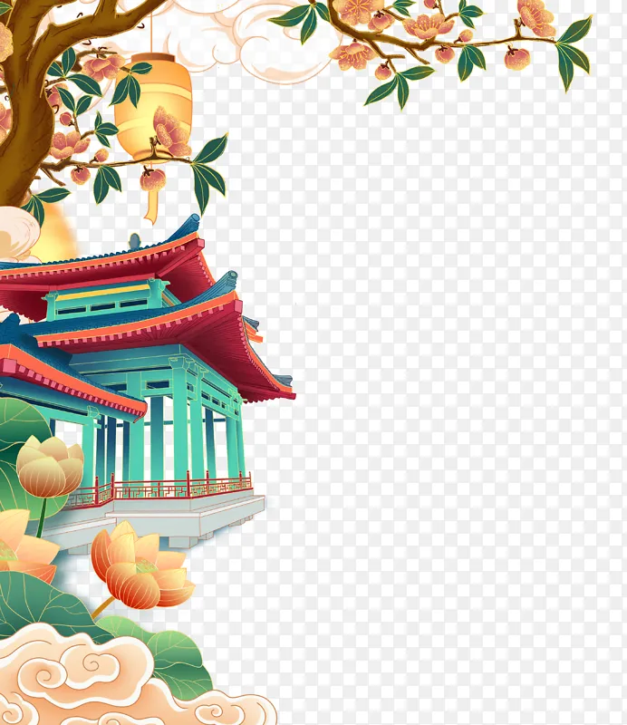 古风建筑凉亭花草国风手绘