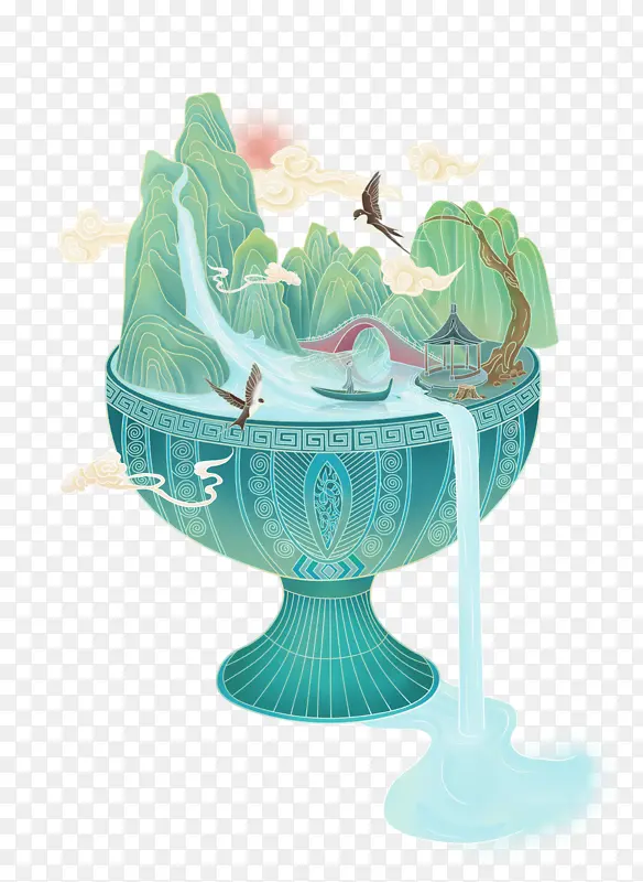 清明节国潮山水风景插画