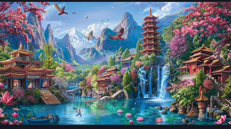 中式建筑塔瀑布荷花美景