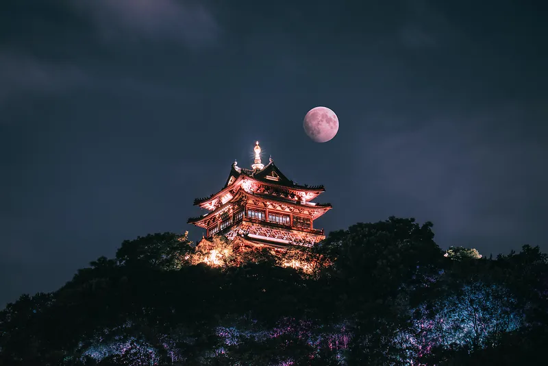 中国风建筑阁楼夜景