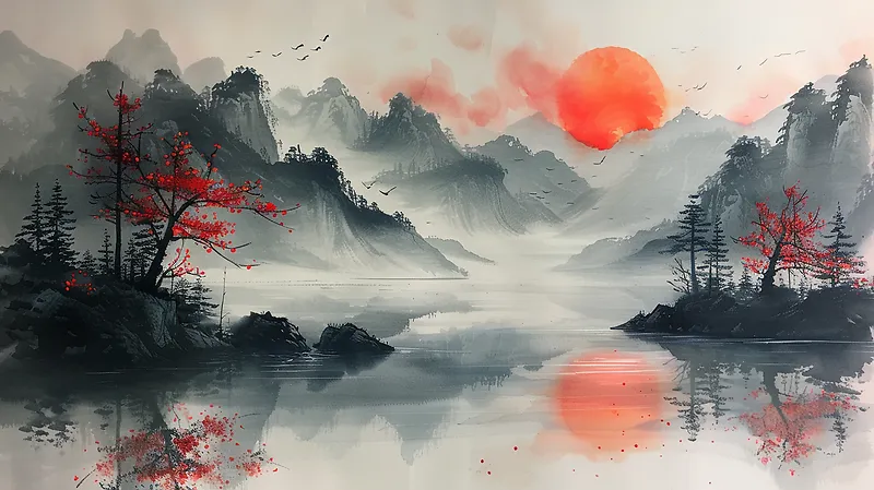 夕阳红水墨画