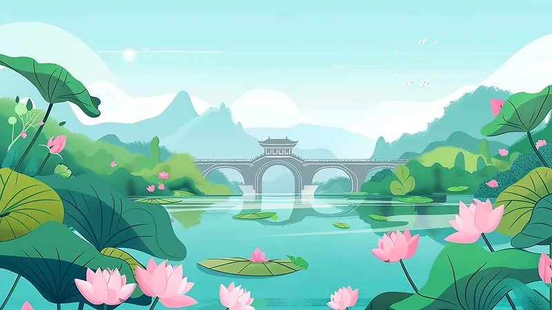 中国风建筑荷花池插画背景