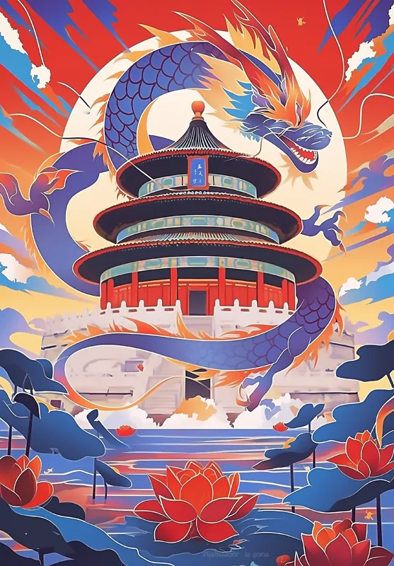 中国风手绘插画东方龙与天坛背景素材