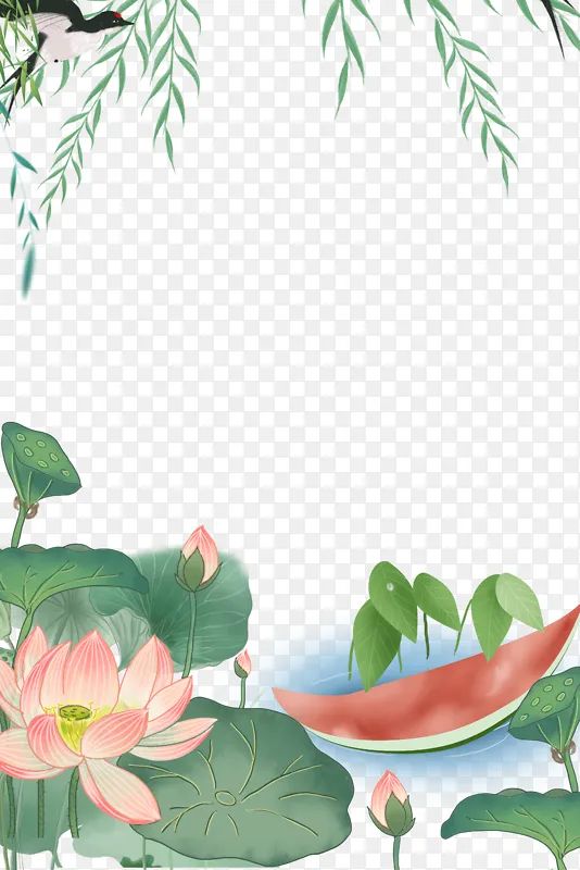 荷花荷塘西瓜船夏季元素