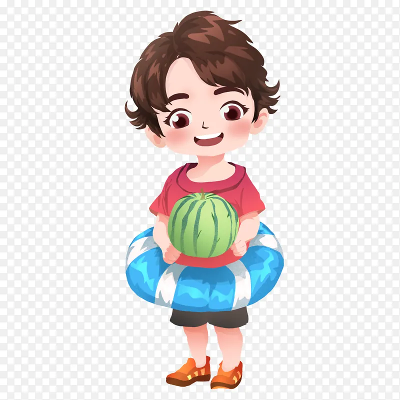 抱着西瓜的小男孩