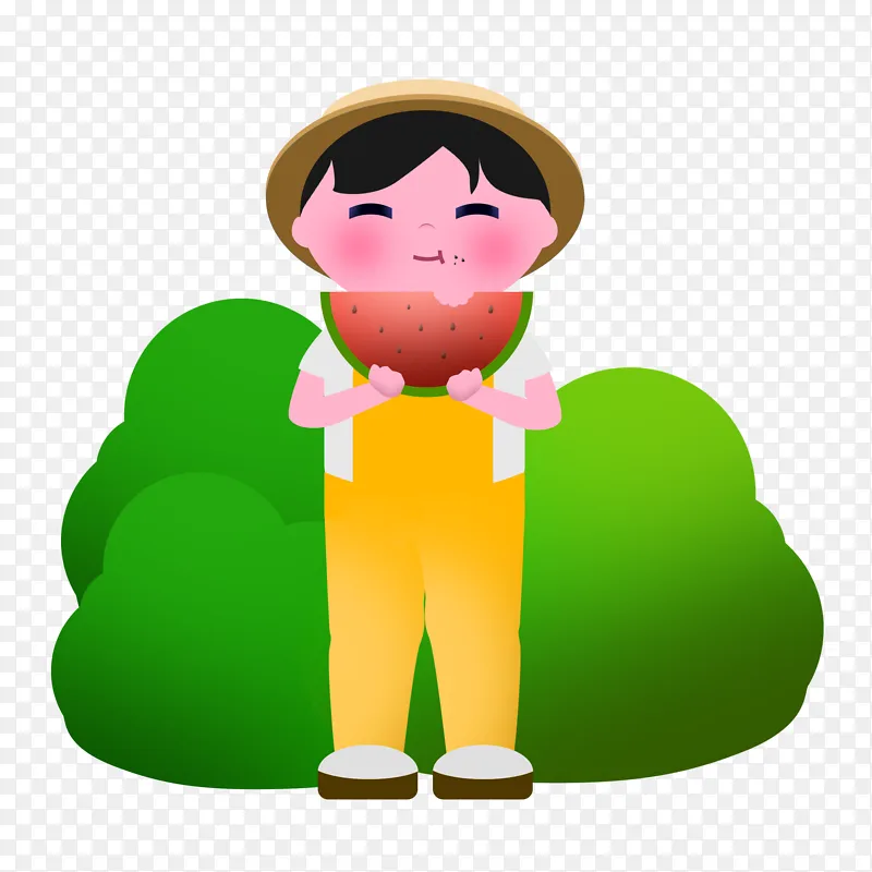 夏天戴帽子吃西瓜小男孩卡通形象
