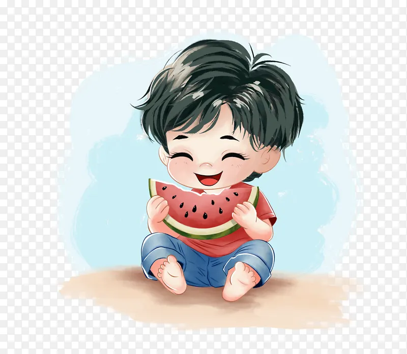 夏天男孩坐在地上吃西瓜儿童卡通手绘插画