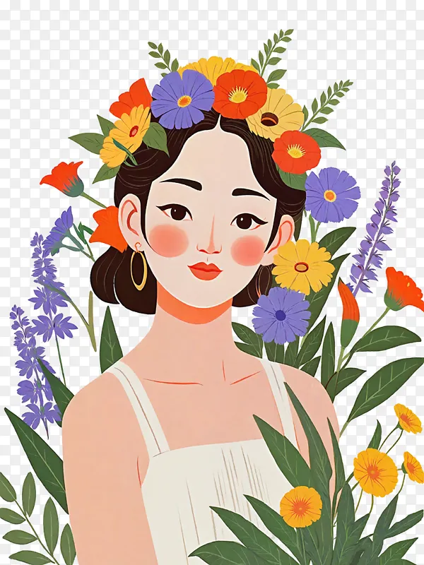 扁平风插画 美丽女生 花卉