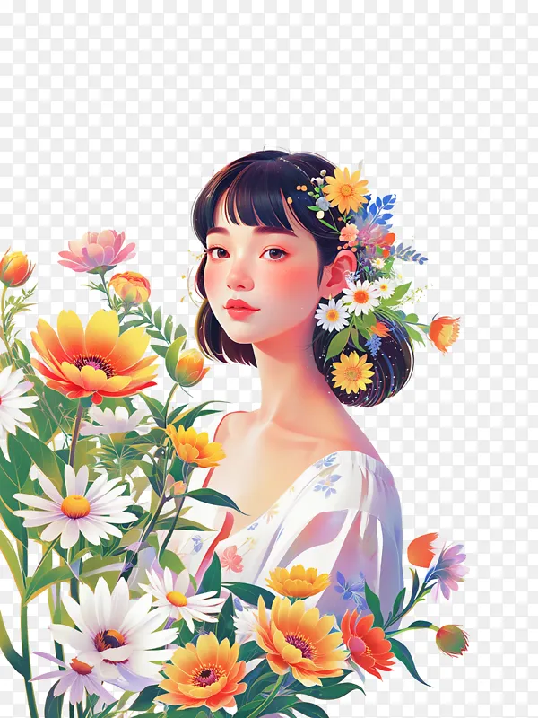 治愈插画 少女 花卉 植物 母亲节