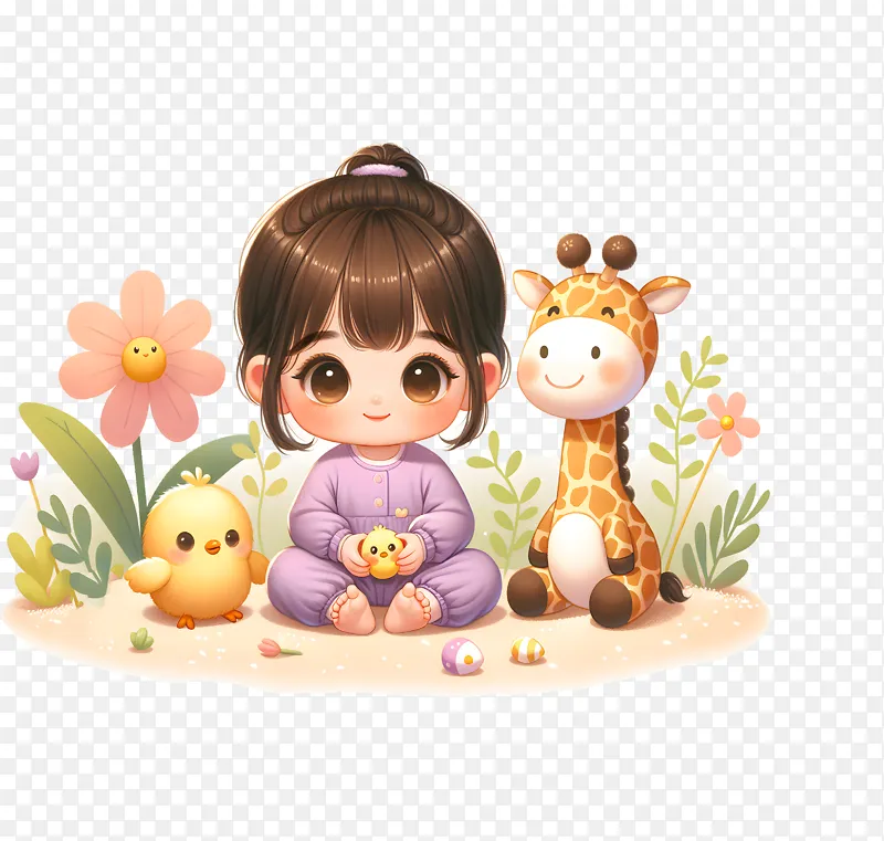 儿童和动物组合卡通素材