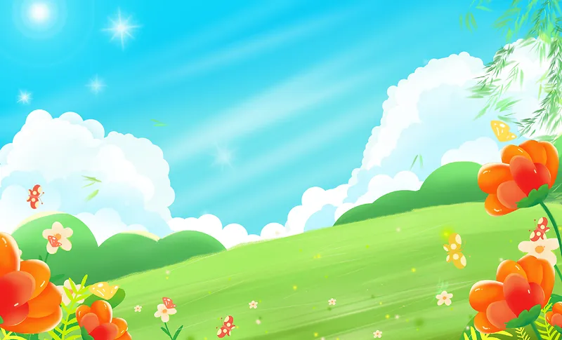 绿色春天小清新春季花草草坪春游背景插画