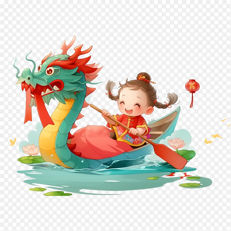 划龙舟的可爱卡通小女孩