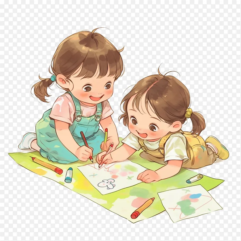 两个趴在地上画画的女孩