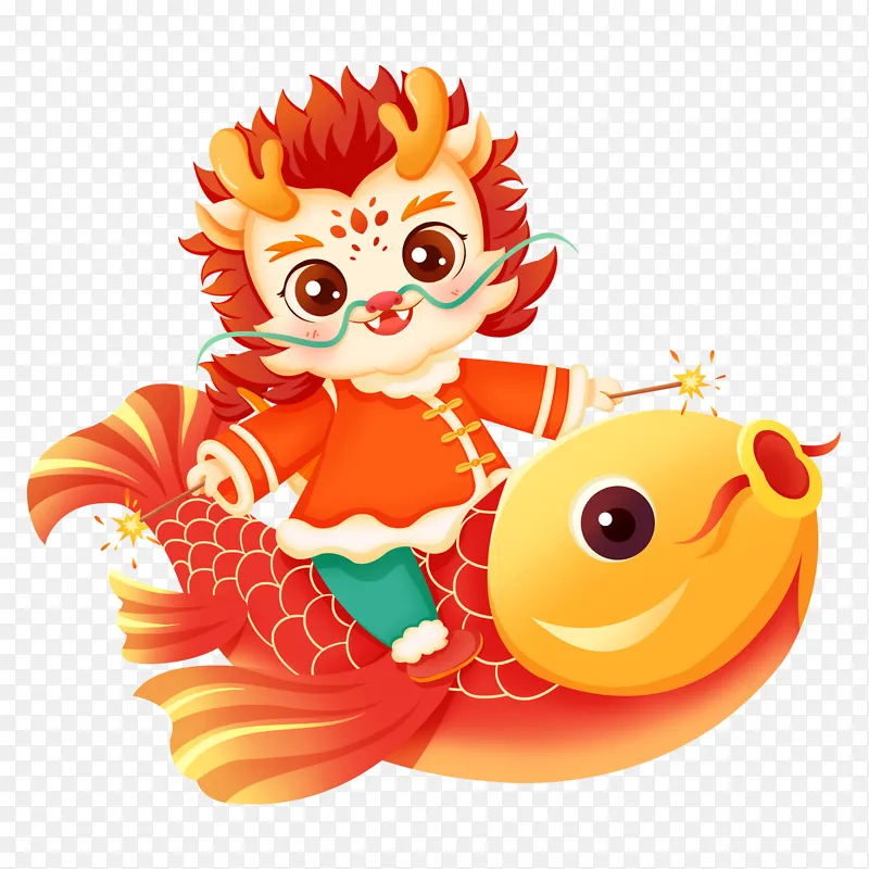 春节龙年喜庆放烟花锦鲤祝福卡通形象手绘