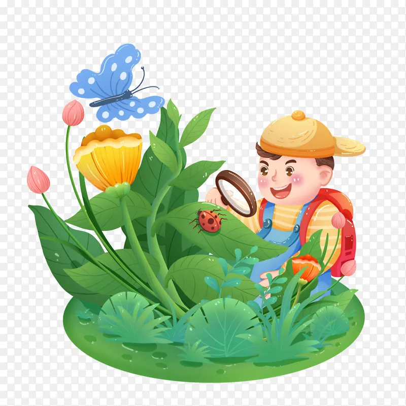 卡通春天动物瓢虫蝴蝶男孩绿色植物花卉草地