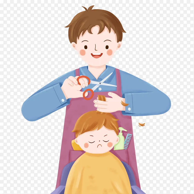 卡通剪头发人物男孩理发二月龙抬头手绘元素