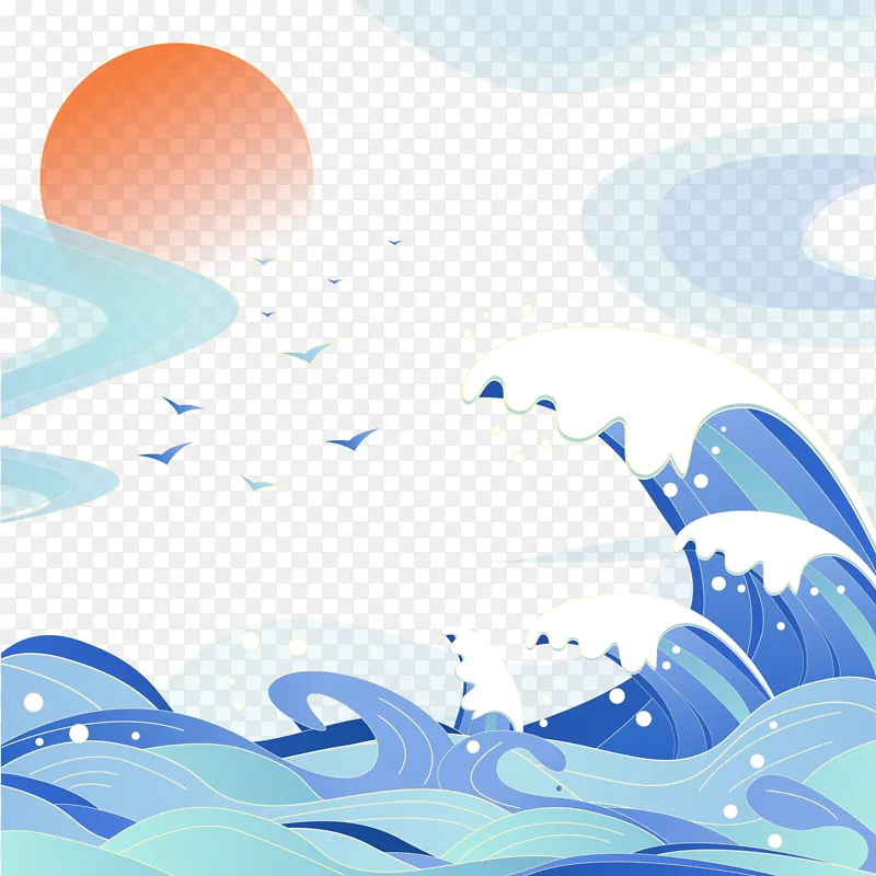 中国风蓝色大海海浪花纹云纹装饰插画