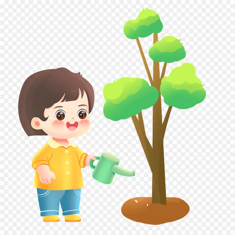 植树节可爱的女孩给树苗浇水元素
