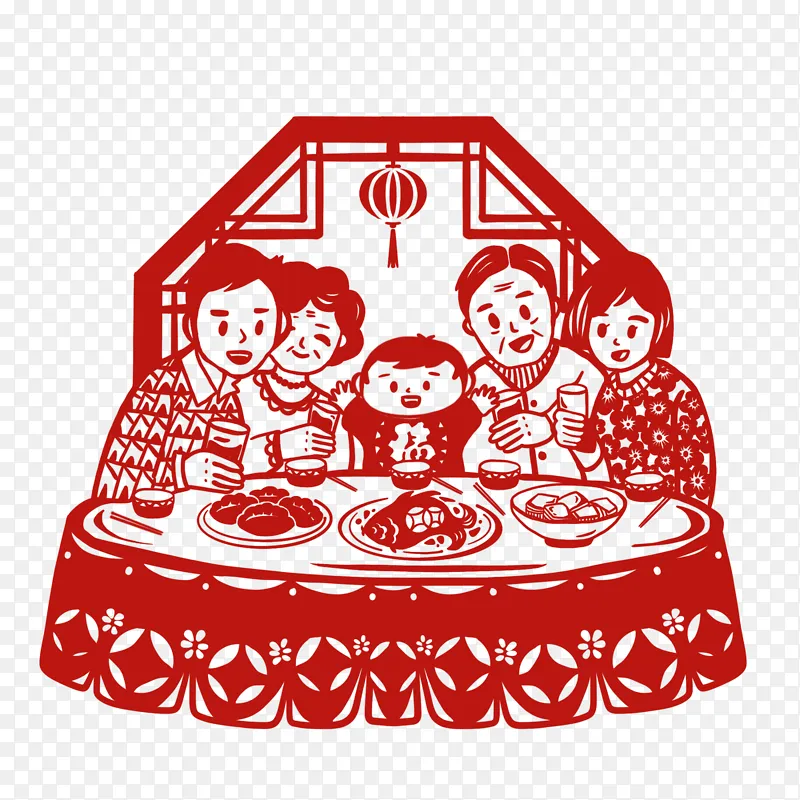 新年除夕年夜饭一家人团圆饭剪纸