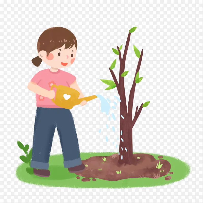 春天小树苗浇水环保绿植人物装饰插画